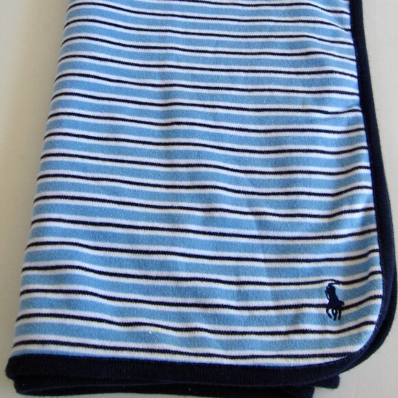 Ralph Lauren Blue Rugby Stripe Baby Blanket Cotton Knit Polo Logo 24 x 32” - Picture 1 of 5